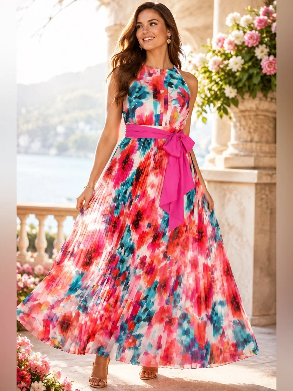 Eliza J Watercolor Floral Pleated Maxi Dress Pink Sash Halter 16W Plus - Picture 1 of 16